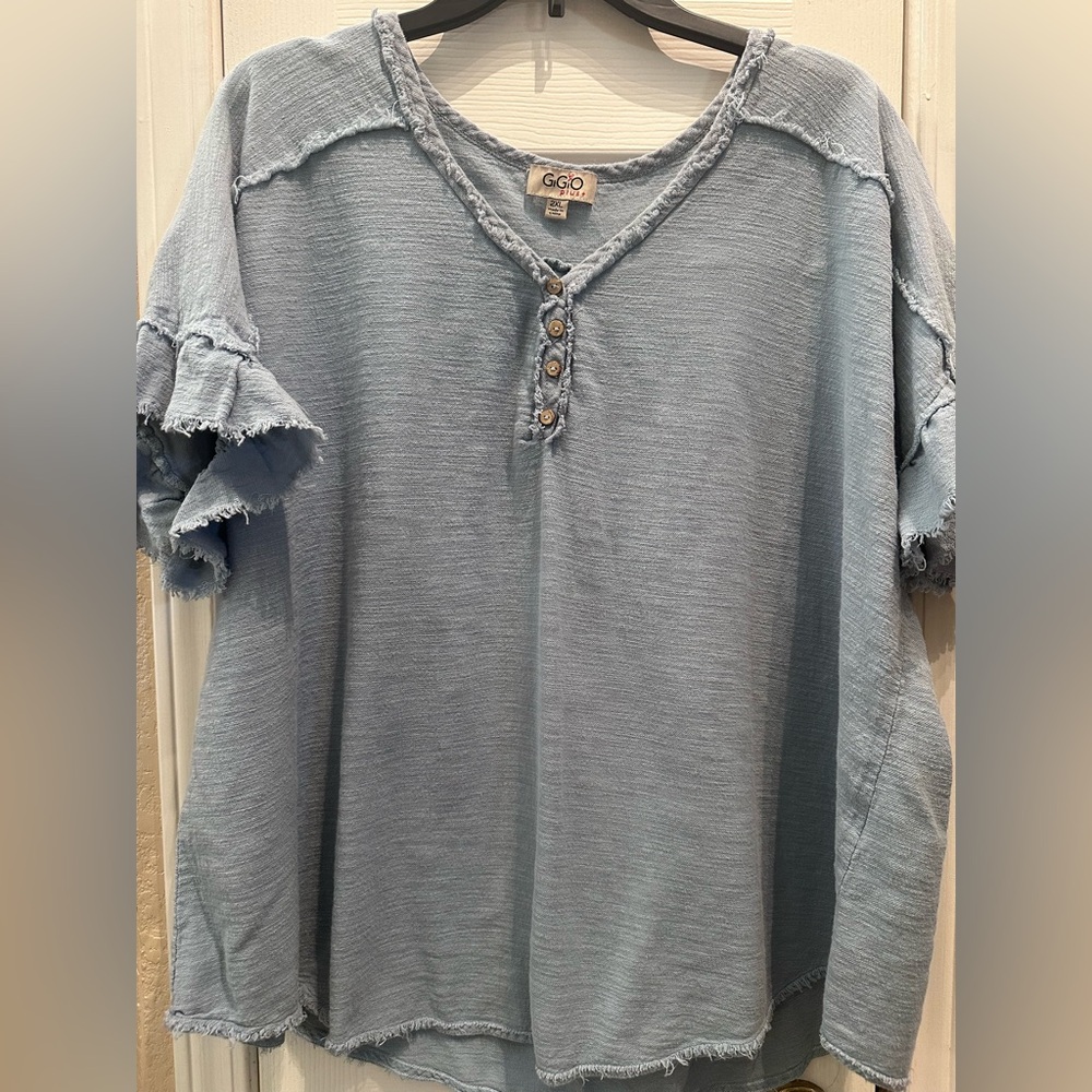 GiGio Plus Blue Ruffle Sleeve V-Neck Top with frayed hem Coastal Cowboy top